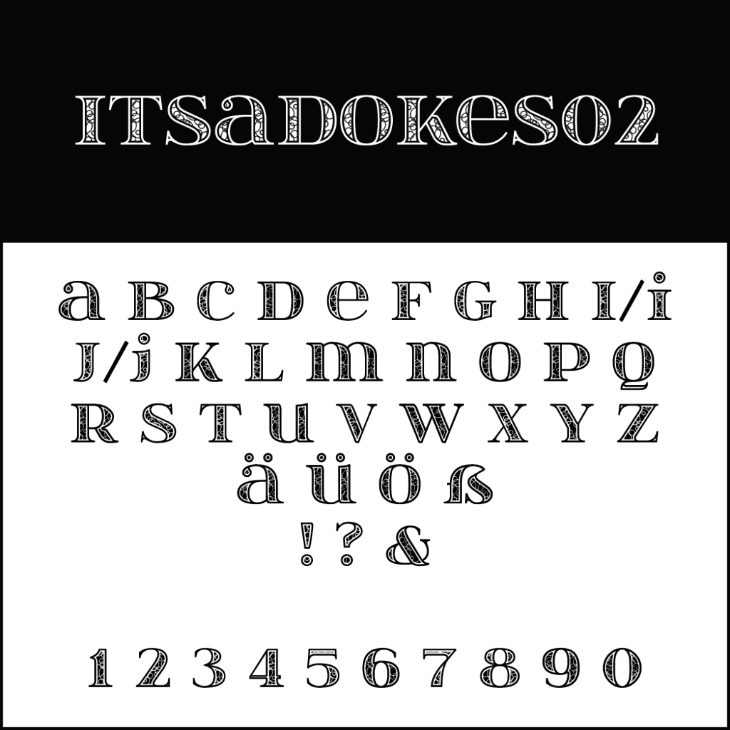 Un échantillon de police serif stylisée, parfaite pour les polices de mariage, est affiché en lettres majuscules et minuscules, accompagné de ponctuation et de chiffres de 0 à 9. La section supérieure présente ITSADOKES02 sur un fond sombre.