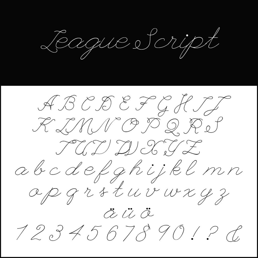 Une police manuscrite nommée League Script, idéale pour les polices de mariage, est présentée. Elle comprend d'élégantes lettres cursives majuscules et minuscules, des chiffres de 0 à 9 et des caractères spéciaux : ä, ö, ü, ?, !. L'arrière-plan présente une élégante distinction entre tons clairs et foncés.