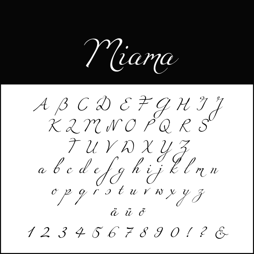 Image présentant la police Miana en écriture cursive, idéale pour les polices de mariage. Elle comprend les lettres majuscules et minuscules de A à Z, les caractères spéciaux ä et ö, les chiffres de 0 à 9 et les symboles !, ? et &, le tout élégamment présenté sur un fond blanc avec un en-tête noir saisissant.