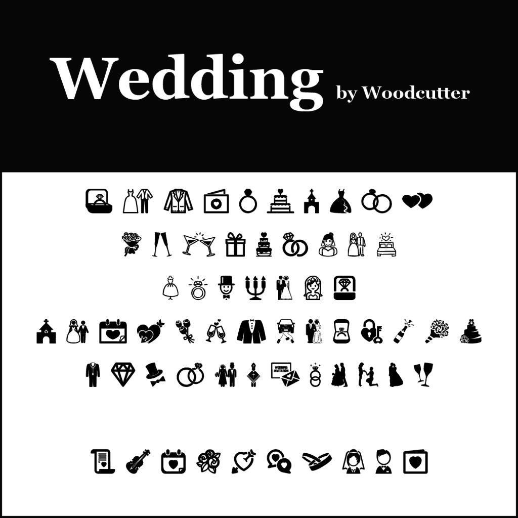 Image présentant une collection d'icônes sur le thème du mariage par Woodcutter, avec des symboles tels que des alliances, des robes de mariée, des gâteaux et du champagne. Ces images élégantes sont disposées en quatre rangées sur un fond monochrome, complétant parfaitement toute police de mariage.