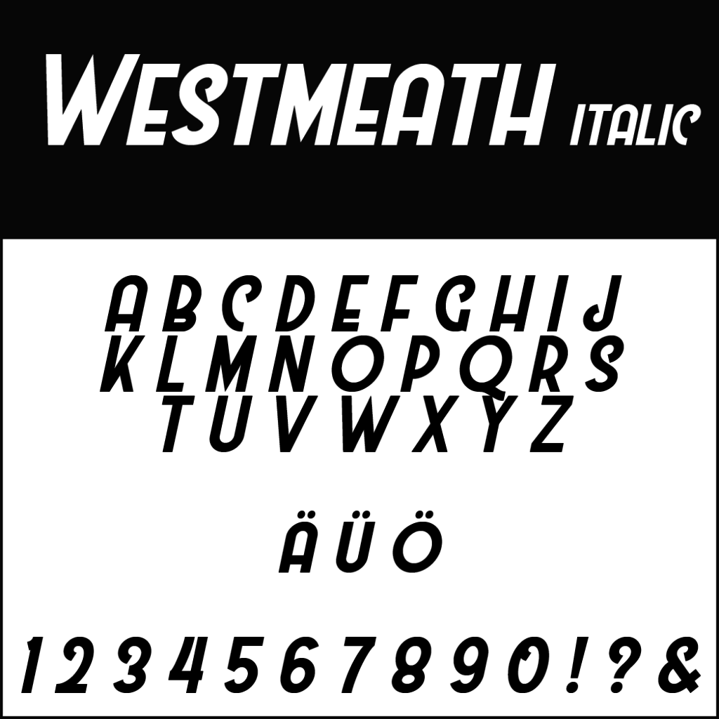L'image présente la police Westmeath Italic, idéale pour les polices de mariage. Elle comporte des lettres majuscules, les caractères Ä Ü Ö, les chiffres de 1 à 9, le 0 et des symboles comme ! ? &. La partie supérieure affiche le nom de la police en gras, en blanc, sur un fond noir épuré.