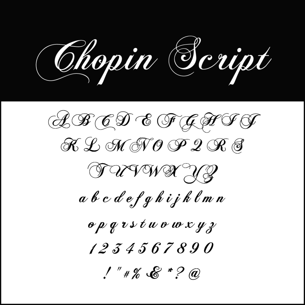 Un échantillon de la police Chopin Script, idéale pour les polices d'écriture de Noël, est présenté en majuscules et minuscules, avec des chiffres de 0 à 9 et des symboles (!, , #, %, &, *, ?, @) sur fond blanc. La police présente un lettrage élégant et cursif.
