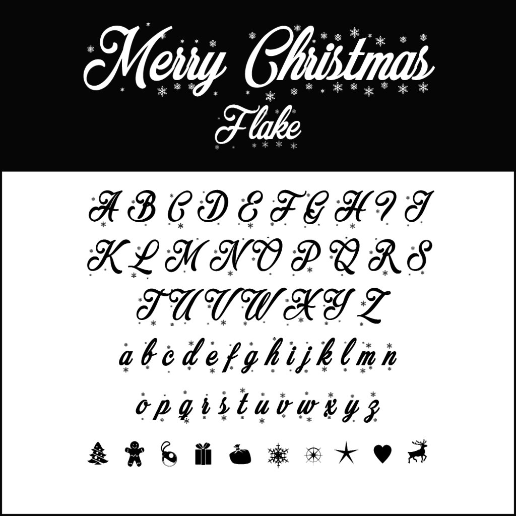 En-tête stylisé « Joyeux Noël » avec des flocons de neige agrémentant le texte. Ci-dessous, un tableau alphabétique en écriture décorative, avec les polices d'écriture pour Noël. Des icônes sur le thème de Noël, comme un sapin, un bonhomme de neige, un cadeau et un renne, bordent artistiquement l'alphabet.