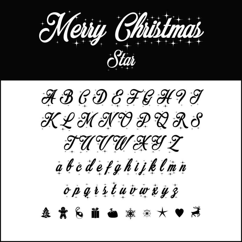 Alphabet stylisé dans une police décorative aux touches scintillantes, idéal comme police d'écriture pour Noël. Comprend des lettres majuscules et minuscules. Graphismes en bas : bonhomme de neige, chaussette, boîte cadeau, décoration, flocon de neige, étoile, cœur, renne. L'étoile « Joyeux Noël » orne le haut de l'image.