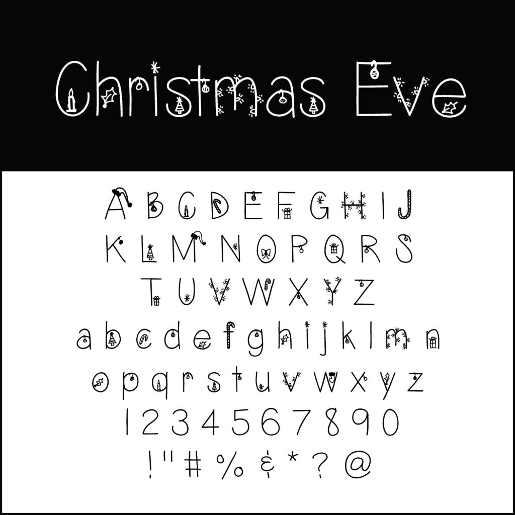 Présentation décorative de polices de caractères intitulée « Christmas Eve », présentant des polices d'écriture pour Noël avec des lettres stylisées et des éléments festifs. Comprend des majuscules, des minuscules, des chiffres et des symboles. Chaque caractère intègre des motifs festifs comme des flocons de neige et des décorations.
