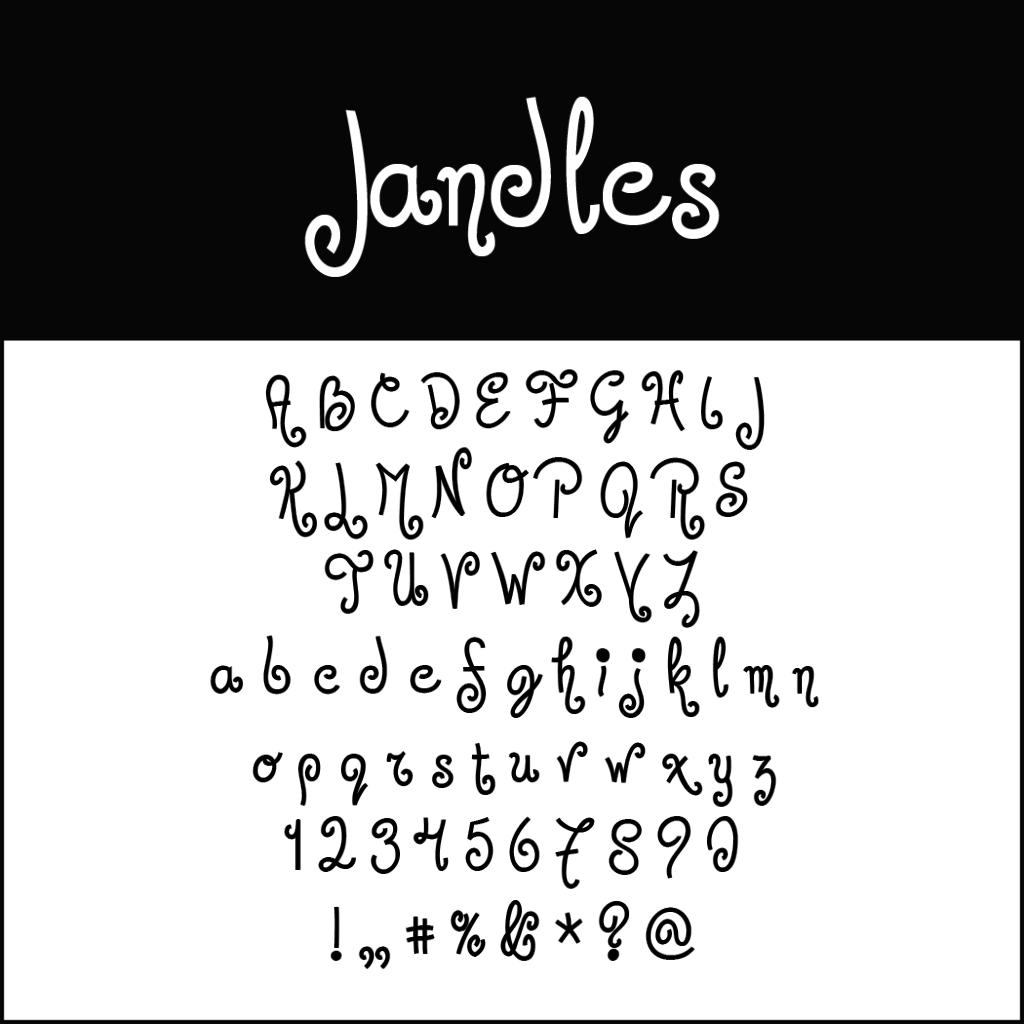 L'échantillon de police Jandles, idéal pour les polices d'écriture de Noël, présente des styles ludiques et bouclés avec des lettres majuscules et minuscules, des chiffres et des symboles. Les caractères incluent les lettres A à Z, a à z, 0 à 9 et une variété de signes de ponctuation festifs.