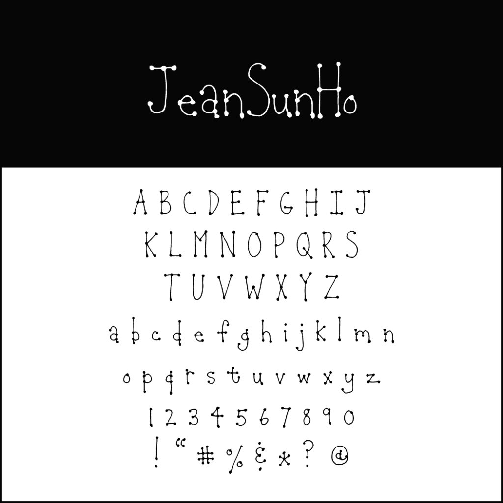 Un tableau alphabétique avec la police ludique à pointillés JeanSunHo. Idéal pour les motifs saisonniers ou les polices d'écriture de Noël, il comprend des lettres majuscules et minuscules, des chiffres de 0 à 9 et des signes de ponctuation comme des points d'exclamation sur un fond noir et blanc saisissant.