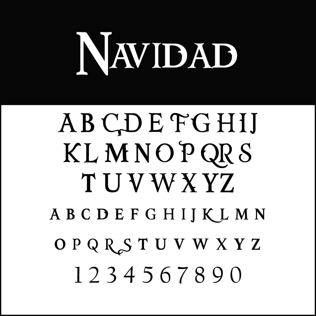 Présentation de la police Navidad, idéale parmi les polices d'écriture de Noël, mettant en valeur les lettres majuscules de A à Z et les chiffres de 0 à 9. Les lettres présentent un style décoratif et vintage avec des empattements et des accents uniques.
