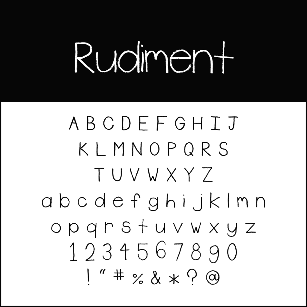 Image montrant une police dessinée à la main appelée Rudiment, idéale pour ajouter une touche décontractée et fantaisiste à vos polices d'écriture de Noël. Elle comprend des lettres majuscules de A à Z, des minuscules de a à z, des chiffres de 0 à 9 et des caractères spéciaux comme !, #, %, &, *, ?, @.