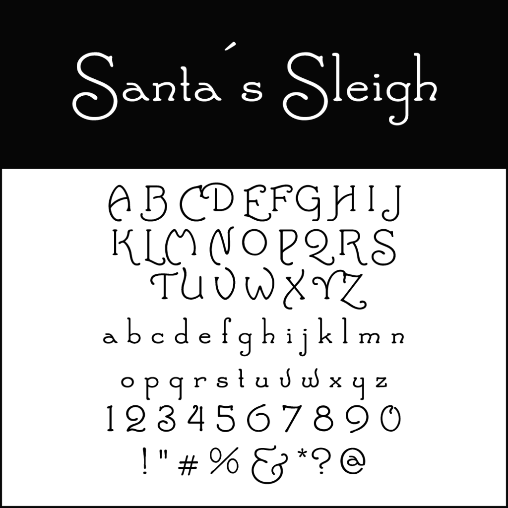 Affichage alphabétique intitulé Le Traîneau du Père Noël, présentant des lettres et des chiffres décoratifs et bouclés dans un style fantaisiste. Cette collection de polices d'écriture pour Noël comprend des lettres majuscules et minuscules classées par ordre alphabétique, suivies des chiffres de 0 à 9 et de signes de ponctuation.