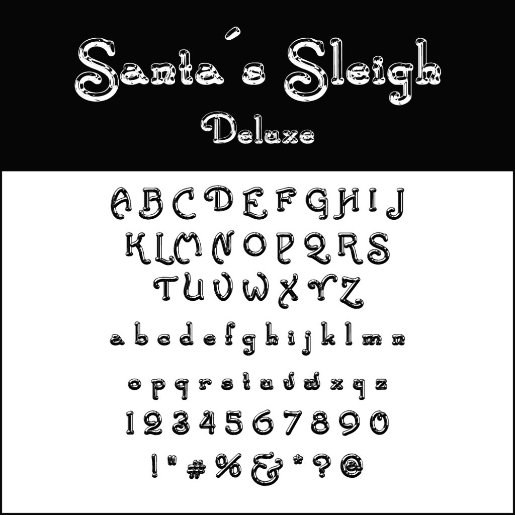 Image textuelle présentant la police Santas Sleigh Deluxe en noir et blanc. Cette police d'écriture festive pour Noël comprend des lettres majuscules et minuscules de A à Z, des chiffres de 0 à 9 et divers symboles dans un style festif décoratif.