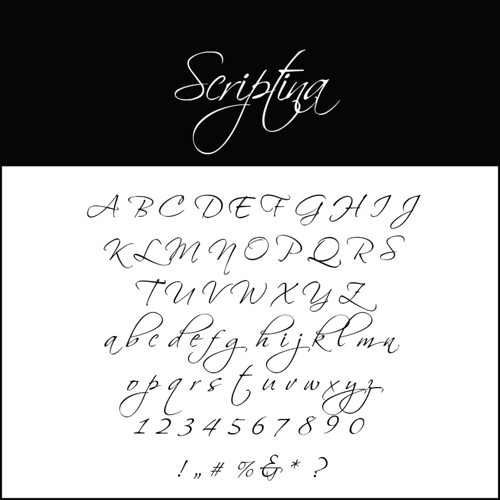 Un échantillon de la police cursive Scriptina est présenté, parfaite parmi les polices d'écriture de Noël. L'alphabet apparaît en majuscules et en minuscules, accompagné des chiffres de 0 à 9 et de signes de ponctuation, pour un design élégant et fluide.