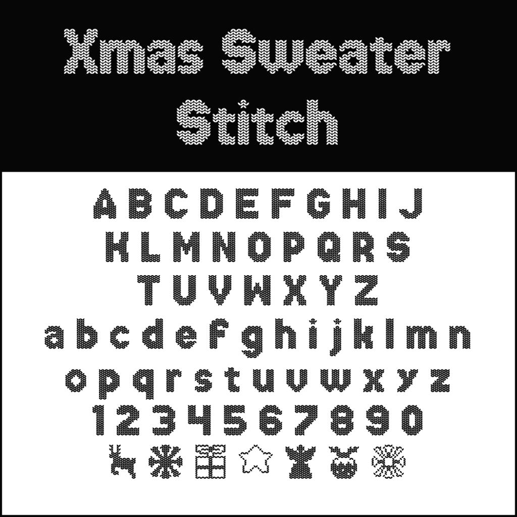 Cet exemple de police de point de croix, judicieusement intitulé Xmas Sweater Stitch, présente des lettres majuscules et minuscules, des chiffres de 0 à 9 et des symboles festifs comme un renne, un flocon de neige, une étoile, un sapin de Noël, un cadeau et le Père Noël. C'est le complément idéal à votre collection de polices d'écriture pour Noël.