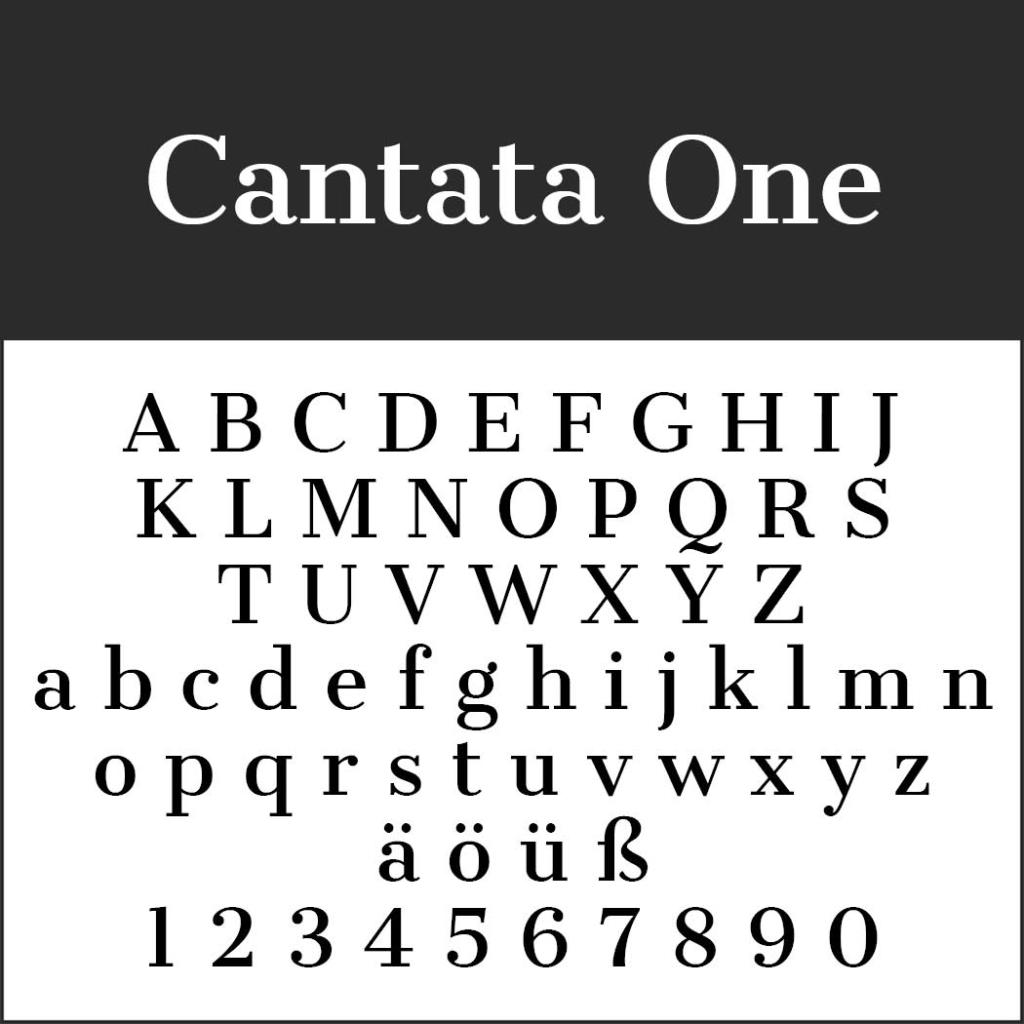 Affichage de la police Cantata One : lettres majuscules de A à Z, minuscules de a à z, caractères supplémentaires ä, ö, ü, ß et chiffres de 0 à 9. Cette police à empattements sur fond blanc avec en-tête noir offre des polices faciles à lire.