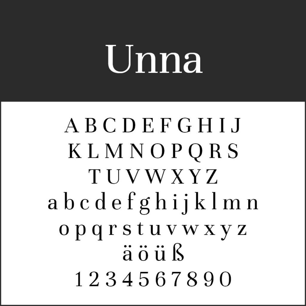 Exemple de police Unna présentant les lettres majuscules et minuscules, les caractères spéciaux ä, ö, ü, ß et les chiffres de 0 à 9. Ce design élégant garantit une lisibilité optimale.