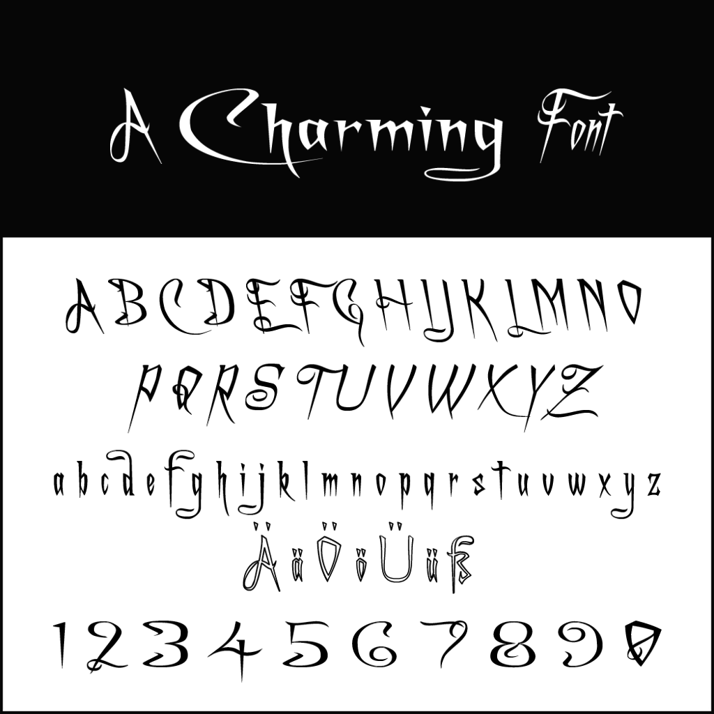 A Charming Font est un exemple de police d'écriture Halloween composé de lettres majuscules, minuscules et de chiffres de 0 à 9. Décoratif et fantaisiste, ce design présente des courbes et des accents uniques sur certains caractères, parfaits pour ajouter une touche effrayante à tout projet festif.