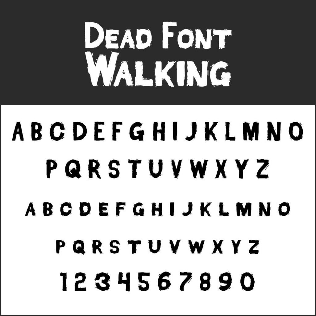 Exemple d'image de Dead Font Walking présentant l'alphabet majuscule et les chiffres de 0 à 9 dans un style gothique vieilli. Les bords irréguliers lui confèrent une ambiance effrayante de style Halloween, parfaite pour les thèmes étranges.