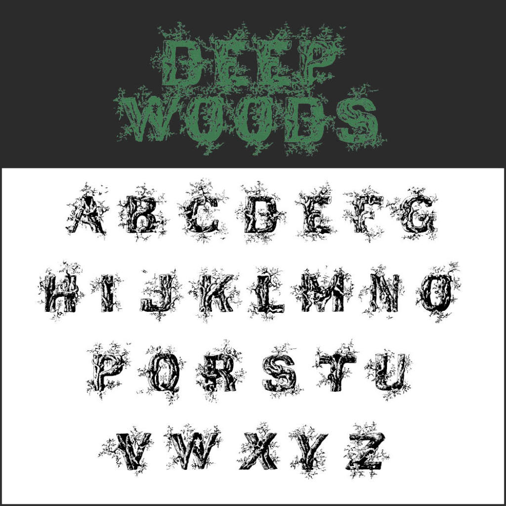 Logo texte « DEEP WOODS » en lettres vertes, sur le thème de la forêt. En dessous, les lettres noires de A à Z évoquent le style d'Halloween, avec leurs branches enchevêtrées et leurs sous-bois.