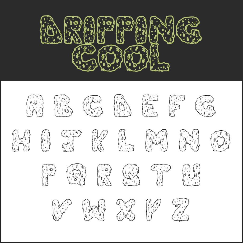 Alphabet à la texture gluante et fondante, inspiré du style « Dripping Cool », rappelant le style d'Halloween. Les lettres de A à Z sont en noir et blanc, avec l'inscription « DRIPPING COOL » en vert en haut.
