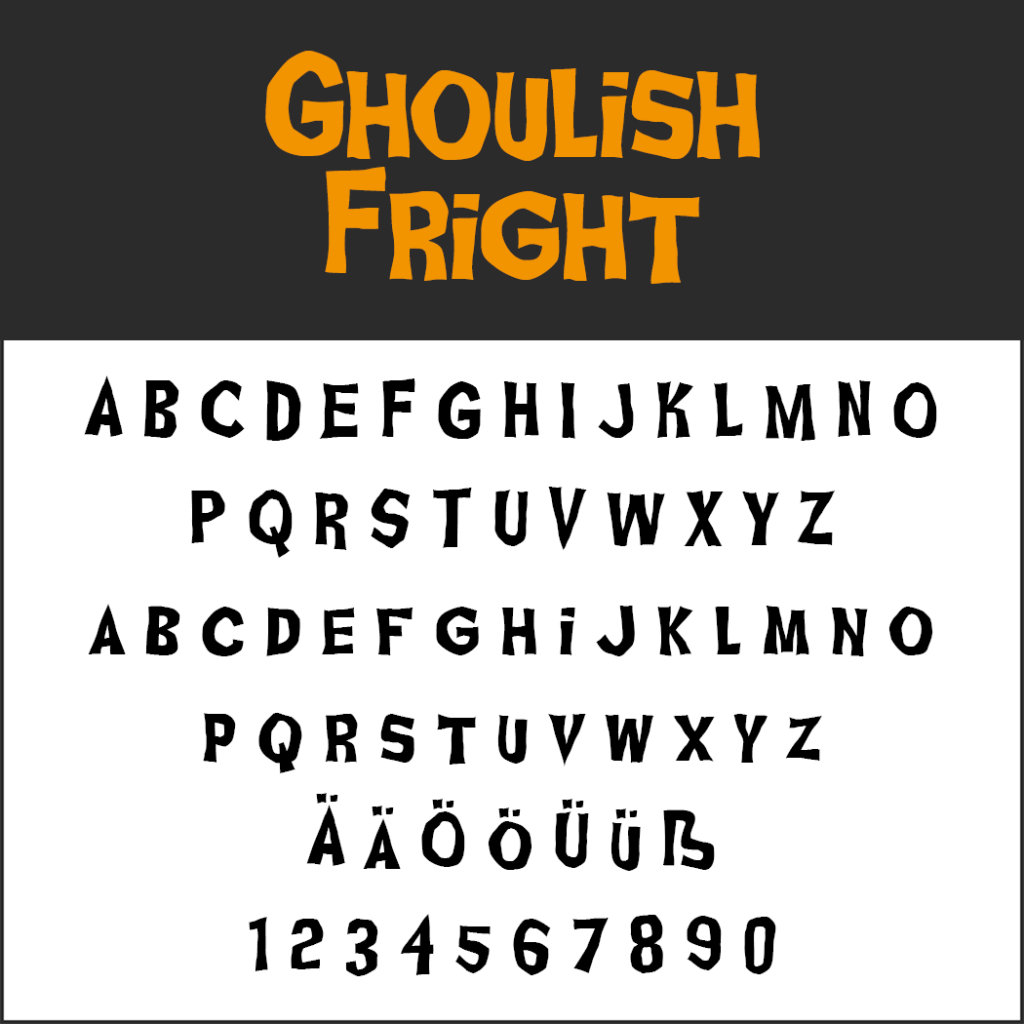 Image textuelle affichant une police nommée Ghoulish Fright en orange, parfaite pour les amateurs d'Halloween. L'alphabet est représenté en majuscules avec des variantes, notamment des caractères accentués et des chiffres de 0 à 9, le tout dans un style inquiétant et irrégulier sur fond noir et blanc.