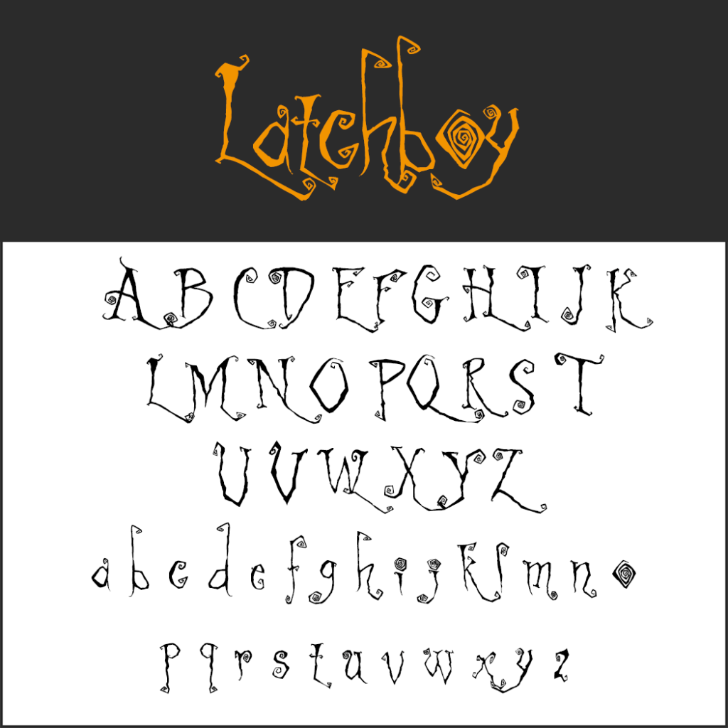 Les lettres de l'alphabet, dans une police fantaisie et bouclée nommée Latchboy, évoquent un charme ludique et festif d'Halloween. Les majuscules et les minuscules sont disposées dans un design artistique. Le nom de la police est présenté en haut en orange vif avec des éléments décoratifs similaires.
