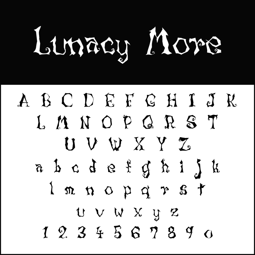 Alphabet et chiffres dans une police décorative intitulée Lunacy More, au style Halloween-Schrift. Cette police présente des lettres majuscules et minuscules, ainsi que des chiffres de 0 à 9, disposés dans un style artistique et orné.