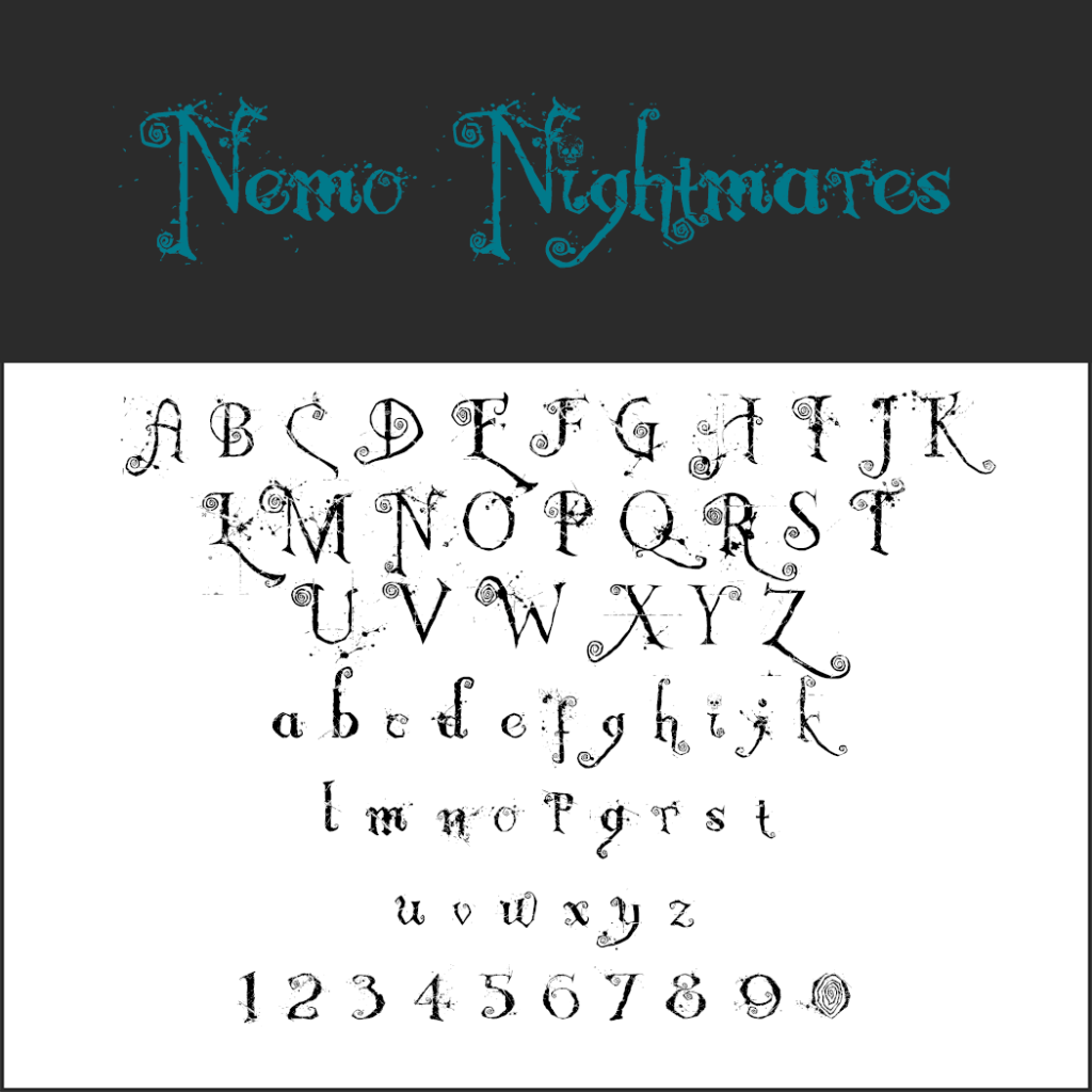 Un exemple de police décorative intitulée Nemo Nightmares, en turquoise, adopte un style d'Halloween. L'alphabet danse en majuscules et minuscules fantaisistes, avec les chiffres de 0 à 9. Des lignes ondulées et irrégulières et des accents subtils évoquent une ambiance fantasmagorique, parfaite pour cette période de l'année.
