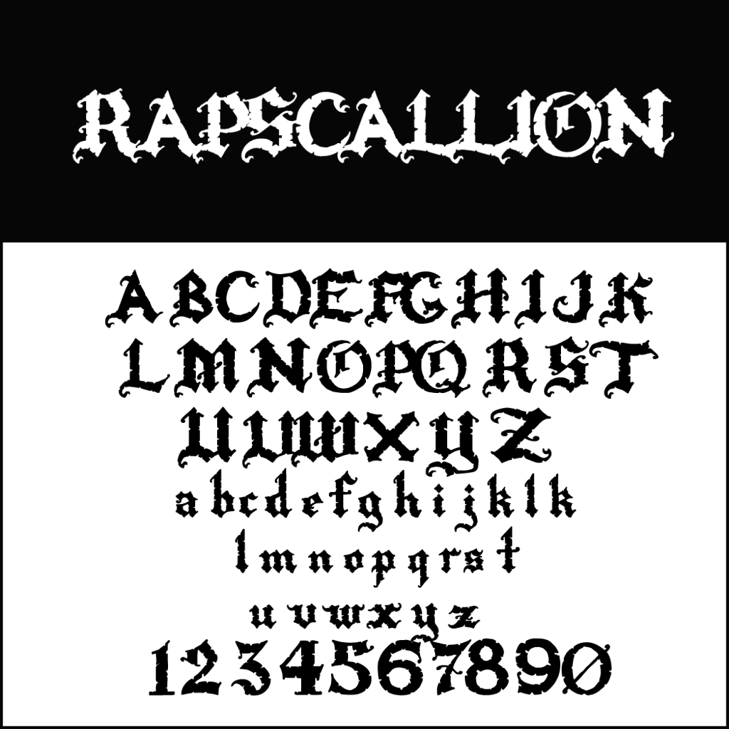 Image d'une police gothique stylisée intitulée Rapscallion. Cette police d'écriture d'Halloween comprend des lettres anglaises majuscules et minuscules, ainsi que les chiffres de 0 à 9. Son style gothique et décoratif, avec des détails complexes et des bords nets, est parfait pour la saison des fantômes.