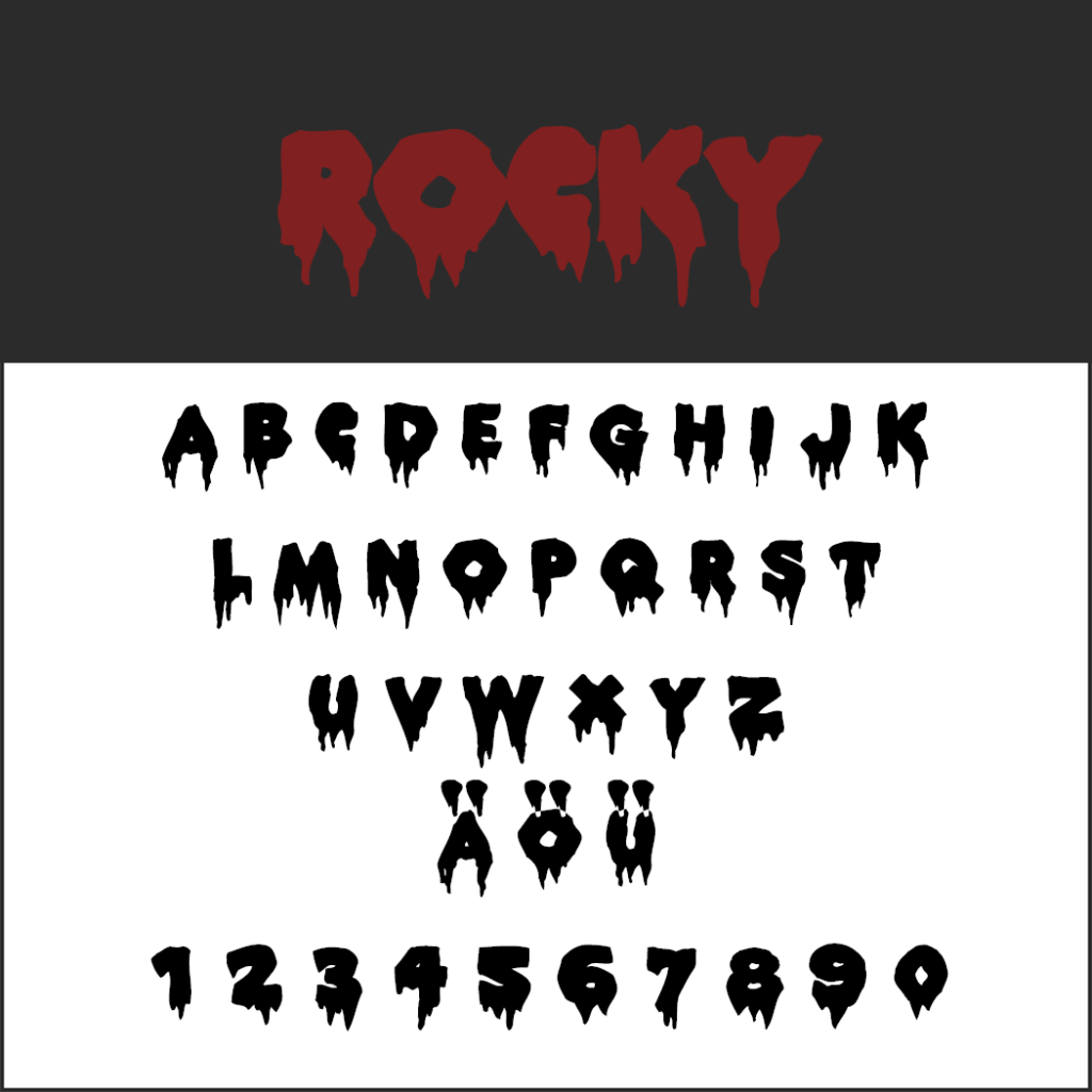 Un alphabet sanglant inspiré de Schrift pour Halloween présente « ROCKY » en grandes lettres rouges sur fond noir. En dessous, l'alphabet majuscule complet et les chiffres de 0 à 9 apparaissent dans un style similaire sur fond blanc.