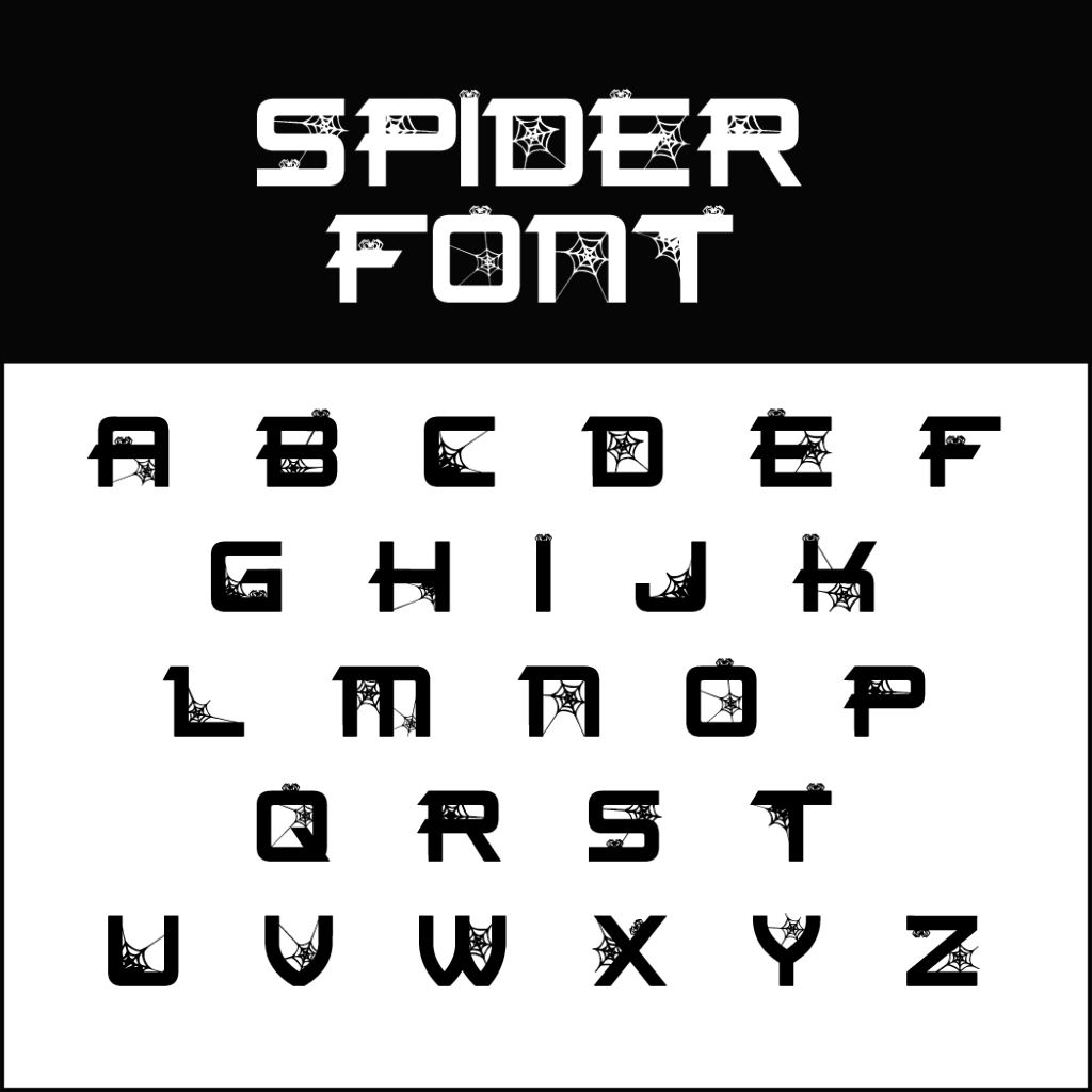 Cette police d'araignée stylisée, inspirée d'Halloween, présente des lettres majuscules de A à Z. Chaque caractère est composé de lettres blanches ornées de toiles d'araignée noires. La bannière supérieure arbore fièrement la police d'araignée dans le même style envoûtant.