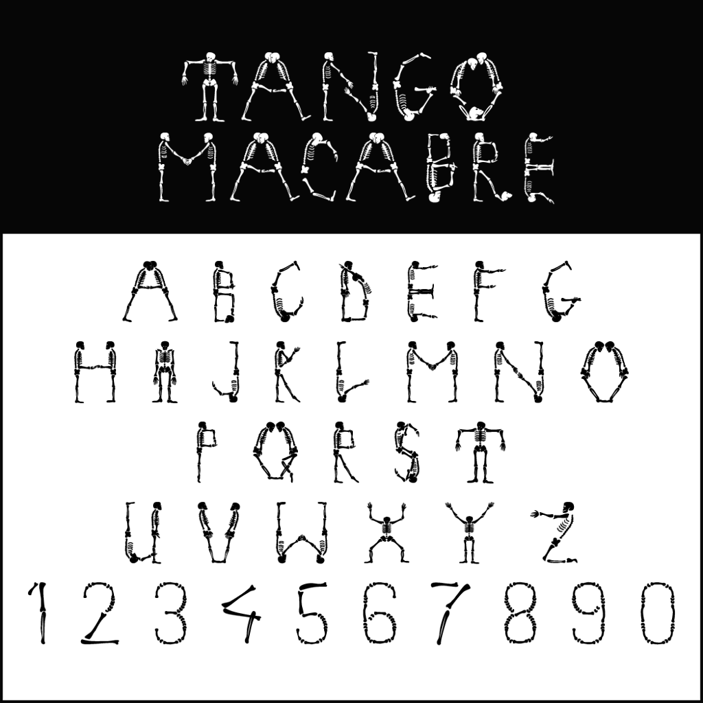 L'alphabet et les chiffres formés par des silhouettes humaines donnent le ton inquiétant. La partie supérieure présente TANGO MACABRE sur un fond sombre et effrayant, rappelant l'Halloween, tandis que les lettres (A-Z) et les chiffres (0-9) dansent en dessous sur une toile blanche éclatante.
