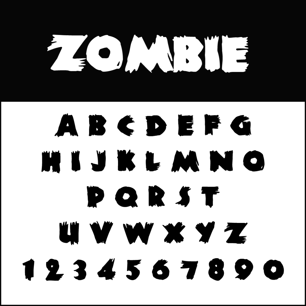 Une police intitulée « Zombie » est présentée, avec des lettres irrégulières et irrégulières, dans un style Halloween-Schrift. L'ensemble comprend les lettres majuscules de A à Z et les chiffres de 0 à 9, avec un design inspiré de l'horreur. La partie supérieure présente le mot « Zombie » dans la même police étrange.