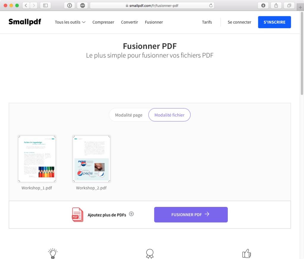 Capture d'écran de la page Fusionner PDF de Smallpdf, présentant deux miniatures PDF intitulées Workshop_1.pdf et Workshop_2.pdf. Un bouton violet bien visible indique « Fusionner PDF », avec une option permettant d'ajouter d'autres PDF pour une fusion fluide.