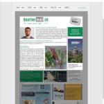 Une capture d'écran de la page web de la newsletter Quartiermail.ch présente des sections de texte et des images de végétation luxuriante, d'un paysage urbain pittoresque avec le château de Berne et de publicités. L'interface est en français et propose des outils de recadrage pour rogner les fichiers PDF et obtenir une vue personnalisée.