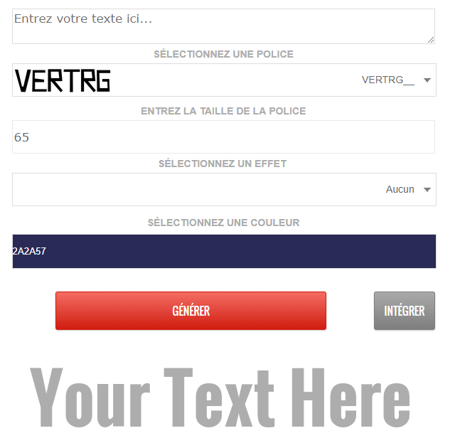 L'interface de l'éditeur de texte en ligne propose des options pour saisir et personnaliser le texte (police, taille, couleur et effets, notamment 3D-Schrift). Un aperçu affiche « Votre texte ici ». En dessous se trouvent un bouton rouge « Générer » et un bouton gris « Intégrer ».