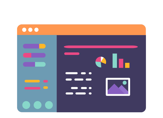 Illustration d'une interface informatique stylisée avec des tableaux, des graphiques et des icônes colorés sur fond sombre. Le design comprend des éléments circulaires et rectangulaires avec un espace réservé pour une photo, rappelant un tableau de bord de données.