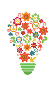 Illustration d'une ampoule composée d'engrenages et de flèches colorés sur fond blanc. Le design comprend diverses formes et symboles, symbolisant la créativité et l'innovation.