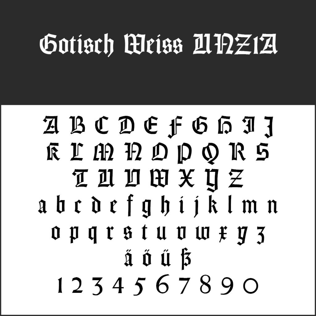 Présentation de la police Gotisch Weiss UNZ1A, avec lettres majuscules, minuscules et chiffres de 0 à 9. Le texte est de style gothique et présente une apparence distinctive et audacieuse.