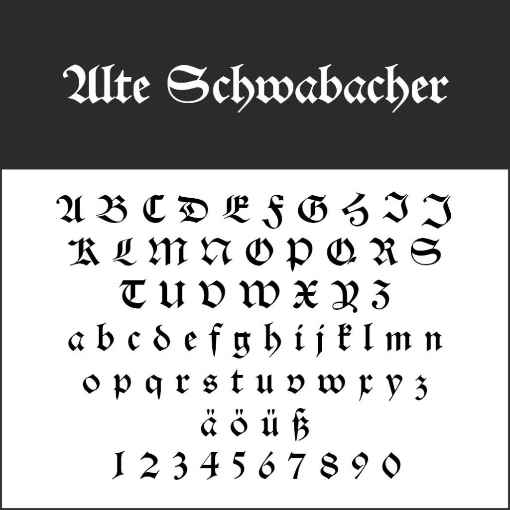 La police de caractères de style gothique intitulée « Ute Schwabacher », un clin d'œil à Alte Schriftarten, présente des lettres majuscules et minuscules, des trémas allemands et des chiffres dans une police de caractères classique en lettres noires sur un fond noir et blanc saisissant.
