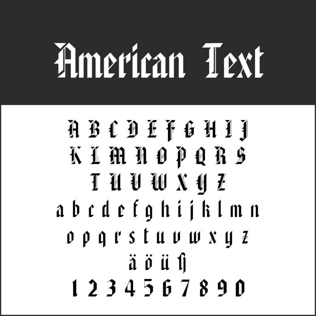 Police de style Blackletter. Texte américain affiché. Majuscules, minuscules, caractères spéciaux (ä, ö, ü, ß) et chiffres de 0 à 9 en noir sur fond blanc.