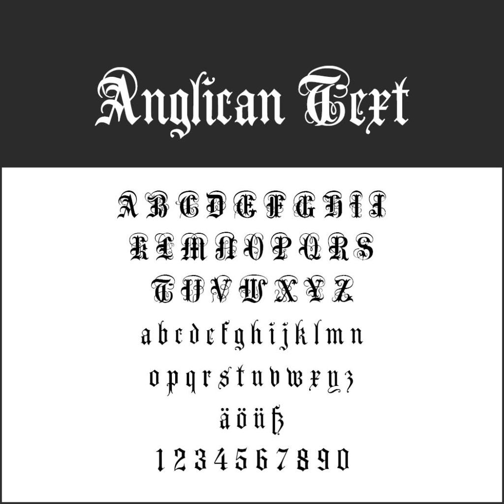 Image illustrant la police de caractères Anglican Text en style gothique. Comprend les lettres majuscules et minuscules de A à Z, les caractères spéciaux ä, ö, ü et les chiffres de 0 à 9.