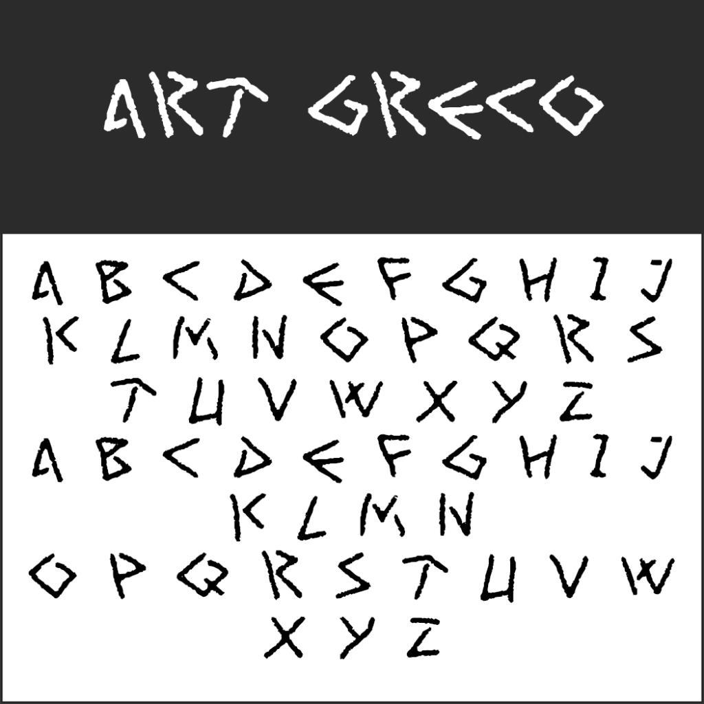 Alphabet stylisé intitulé « Art Greco » en lettres majuscules. Les lettres, dessinées dans un style anguleux et irrégulier rappelant les anciens Schriftarten et l'écriture grecque antique, présentent un fond noir sur lequel figure le titre au-dessus d'une section blanche affichant l'alphabet.