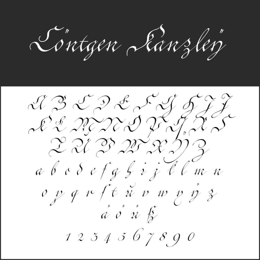 Élégant alphabet cursif à l'encre noire sur fond blanc. Les lettres majuscules et minuscules sont stylisées avec art, avec les chiffres de 0 à 9. Le texte en gras, dans une partie supérieure noire, indique Söntgen Kanzley.