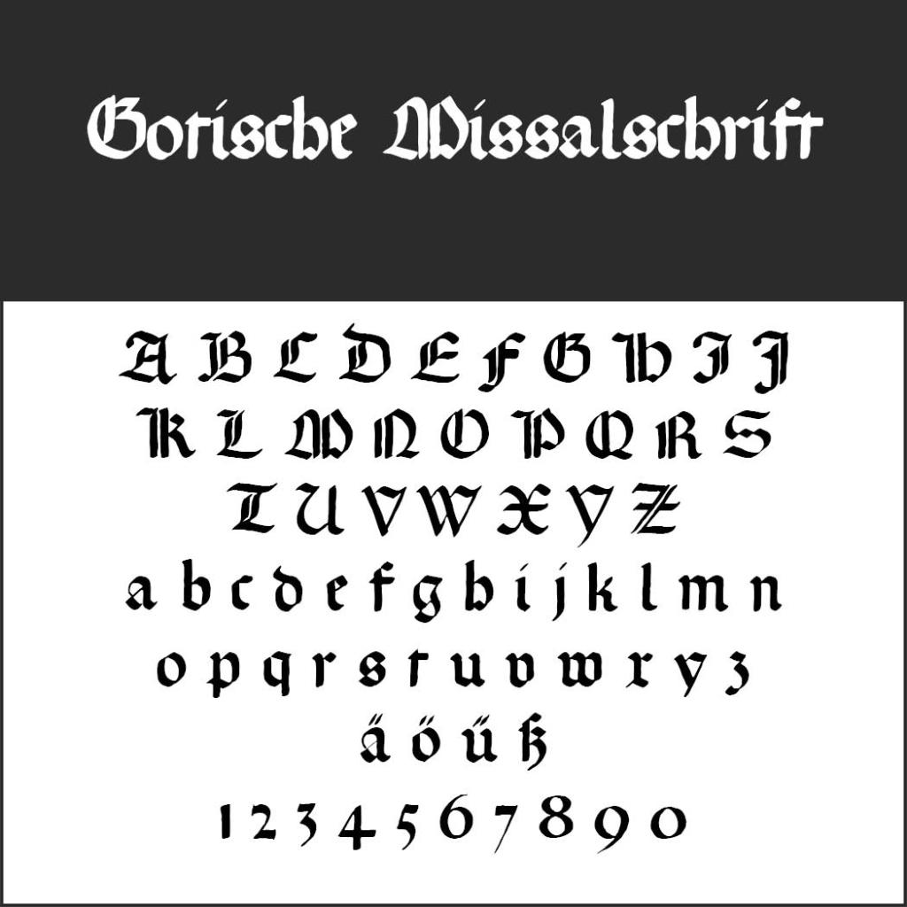 Présentation de l'écriture du Missel gothique. En haut, le nom de l'écriture est stylisé. En bas, les lettres gothiques majuscules et minuscules, y compris les trémas allemands, et les chiffres de 0 à 9 sont représentés dans un style ornemental similaire.