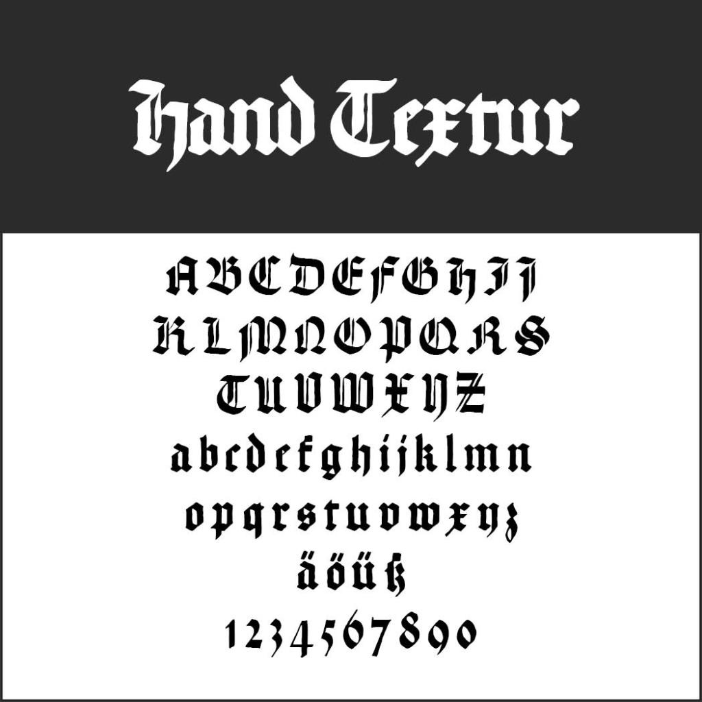 Exemple de police de style Blackletter intitulé Hand Textur avec des alphabets majuscules et minuscules, des caractères spéciaux (ä, ö, ü) et des chiffres de 0 à 9 affichés en noir sur fond blanc.