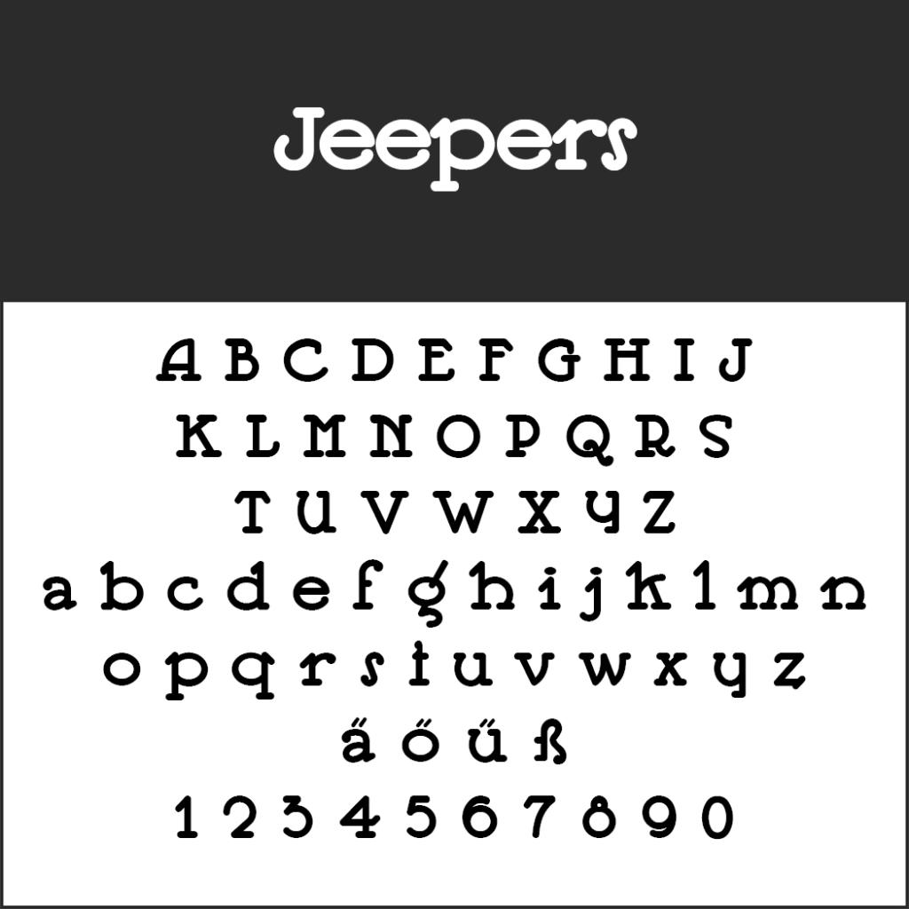 L'échantillon de police « Jeepers » présente des lettres majuscules et minuscules, des caractères spéciaux (ä, ö, ü, ß) et des chiffres de 0 à 9 avec des empattements bouclés et ludiques. Rappelant les alte Schriftarten, il mélange tradition et touche fantaisiste.