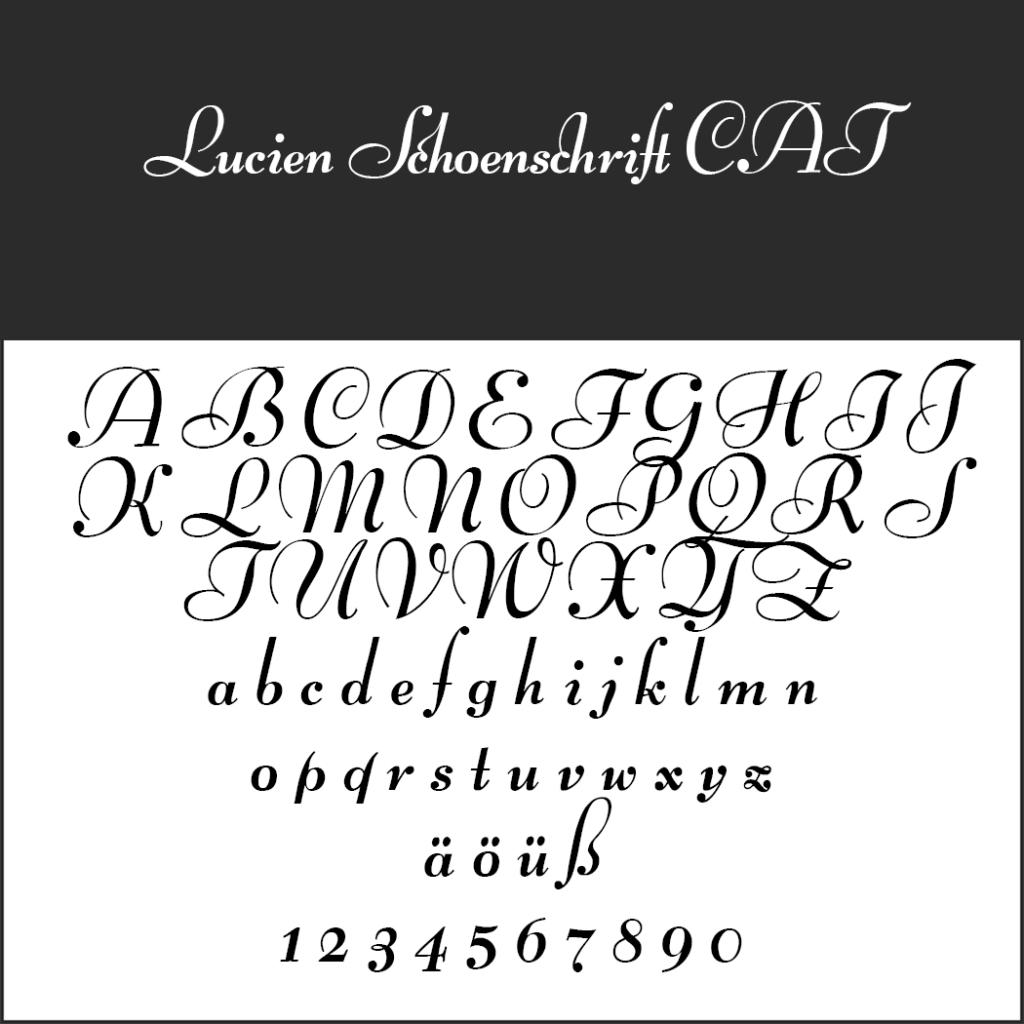 Affichage élégant de polices de caractères, rappelant les Alte Schriftarten, présentant des lettres majuscules et minuscules, des trémas et des chiffres dans un style cursif décoratif.