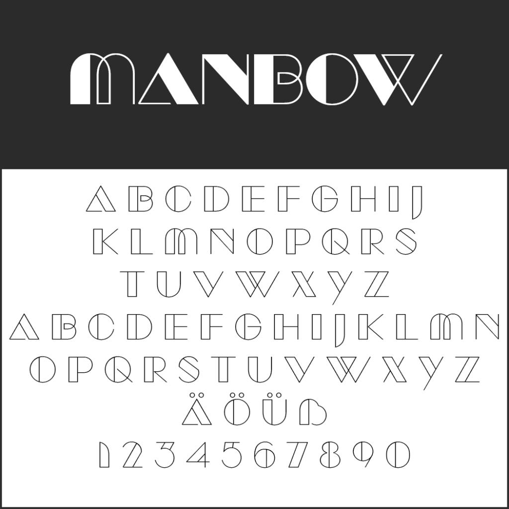 Exemple d'image présentant la police « Manbow », rappelant les Alte Schriftarten. Elle affiche les lettres majuscules de A à Z, les caractères spéciaux Ä, Ö, Ü et les chiffres de 0 à 9 dans un design géométrique et stylisé. Le fond est noir et blanc.