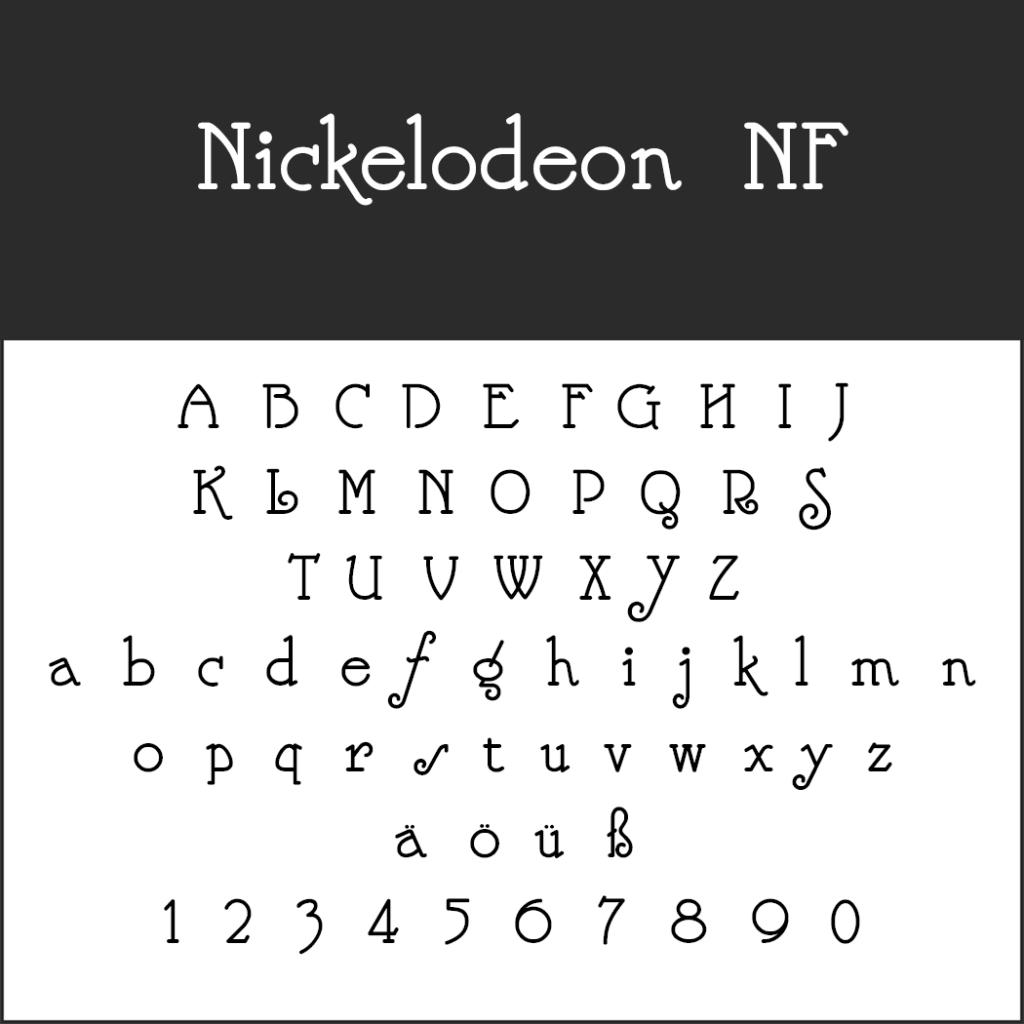 L'image présente la police « Nickelodeon NF », composée de lettres majuscules et minuscules, de caractères spéciaux avec des points et de chiffres de 0 à 9. Ce design ludique ravira les amateurs du charme fantaisiste d'Alte Schriftarten.