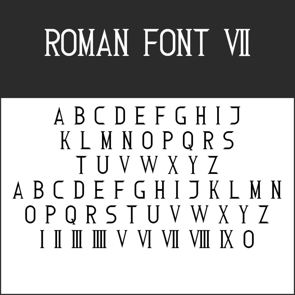 Image présentant la police « Roman Font VII » en haut, avec les lettres majuscules de A à Z disposées en deux rangées ordonnées. En bas, les chiffres romains I à X sont élégamment disposés, rappelant le style classique d'Alte Schriftarten.